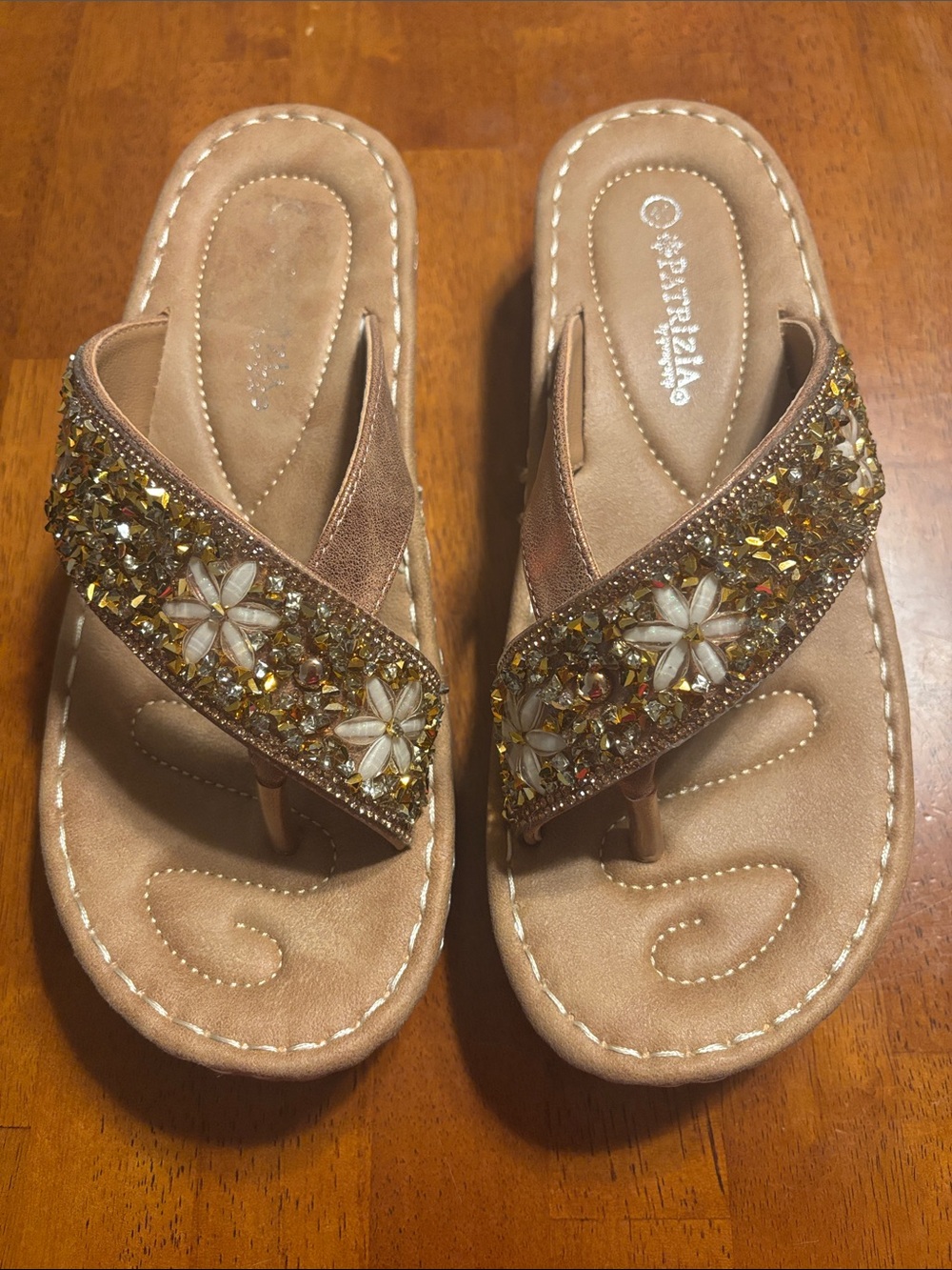 Patricia by Spring Step Women's Tan Beaded Floral Thong Sandals